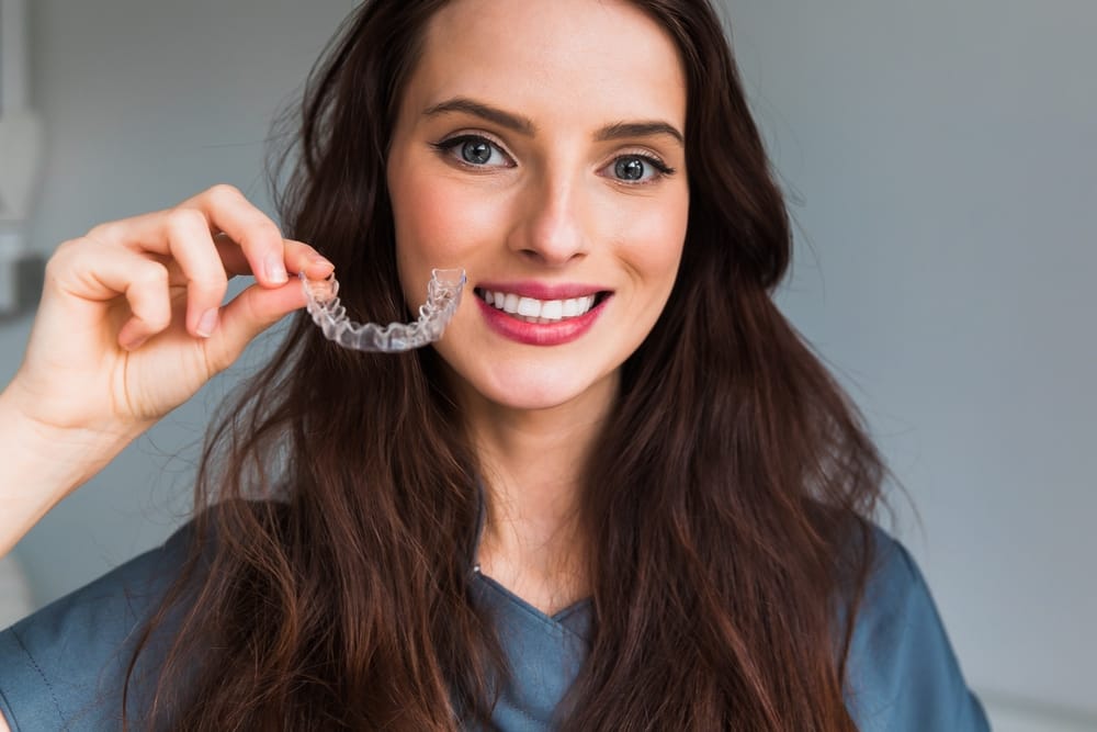 A woman with long brown hair smiles brightly while holding a clear retainer, highlighting its importance in preserving orthodontic results. - Retainers