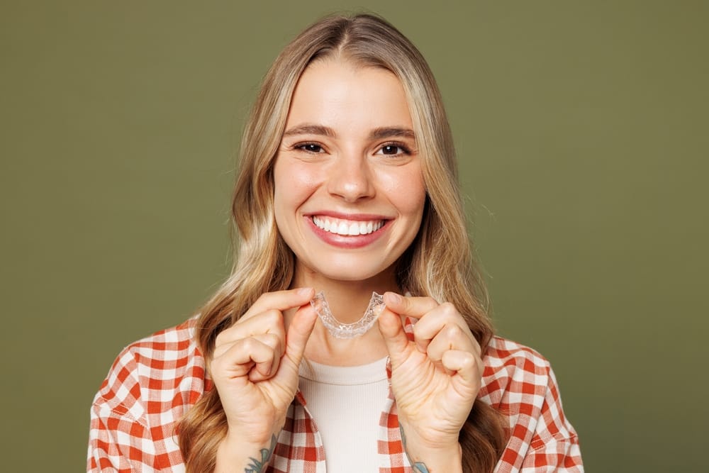 A cheerful young woman smiles brightly while holding a clear Invisalign aligner in both hands, showcasing the convenience of modern orthodontic treatment. - Invisalign
